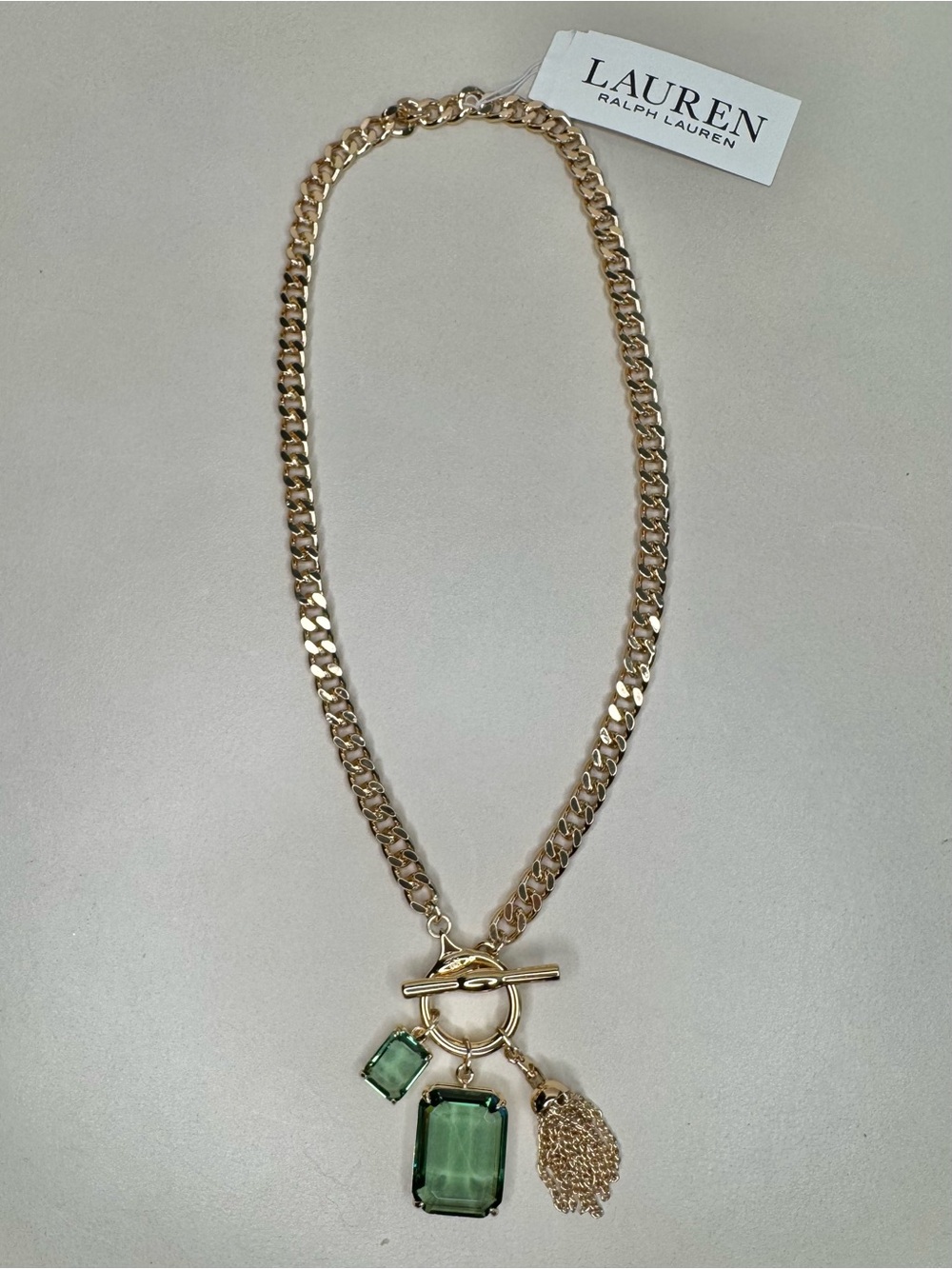 NWT Lauren Ralph Lauren Erinite Green Charm Toggle Necklace Gold Tone 17” - Picture 3 of 15